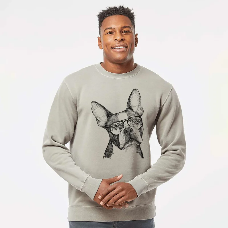 Aviator Dee Dee the Boston Terrier - Unisex Pigment Dyed Crew Sweatshirt Soft Cotton Hoodie