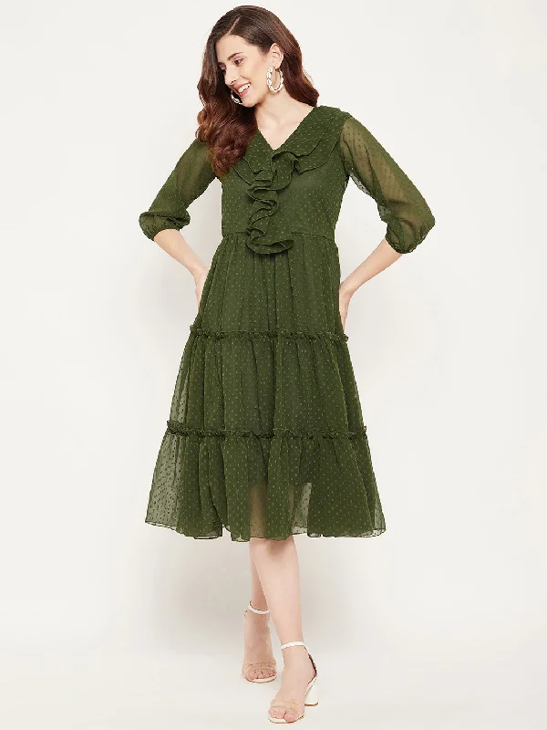 Women's Olive Green Georgette Tiered Dobby Dress - Bitterlime Popular unclassified dresses