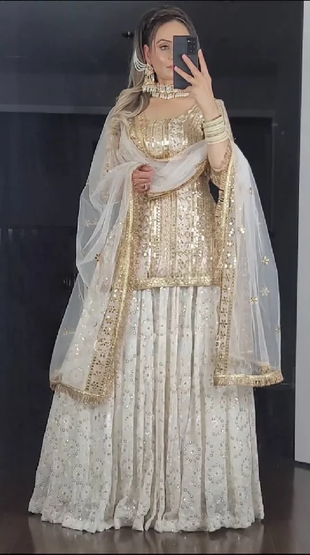 White Colour New Designer Fox Georgette Top Lehenga and Dupatta With Heavy Embroidery Work Set Ruched unclassified dresses