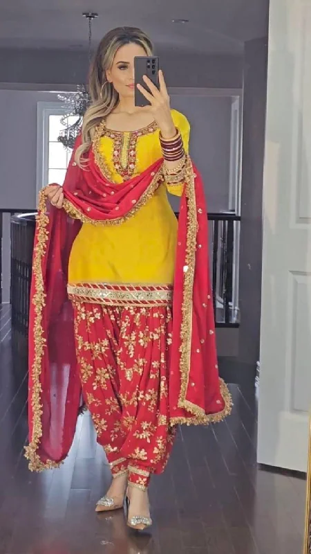 Yellow and Red Colour New Designer Top Dhoti and Digital Print Dupatta Set Dark color unclassified dresses