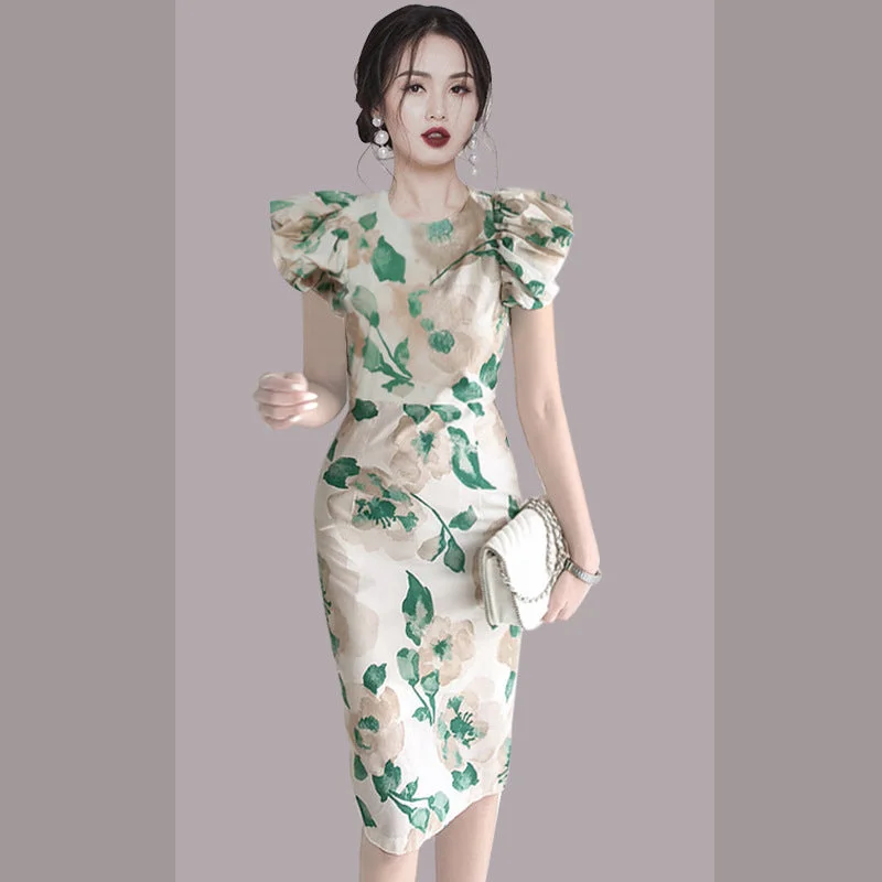Elegant Summer Round Neck Green Leaf Women Sheath Dresses Unique unclassified dresses