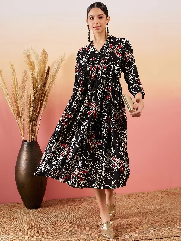 Women's Black Beige Red Print Deep V Neck Flared Dress - InWeave Festival unclassified dresses