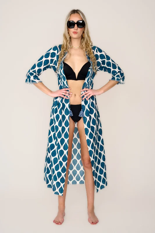 *PRE-ORDER - Coming Soon* Cotton Annabel Maxi Coat in Blue Leaf High-end unclassified dresses