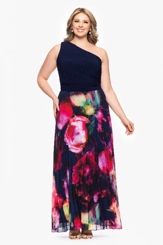 Plus "Mary" Jersey Knit and Print Chiffon One Shoulder Floor Length Dress Stylish unclassified dresses