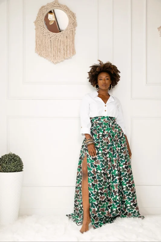 Green Zebra High Waist Belted Maxi Skirt- JIBRI