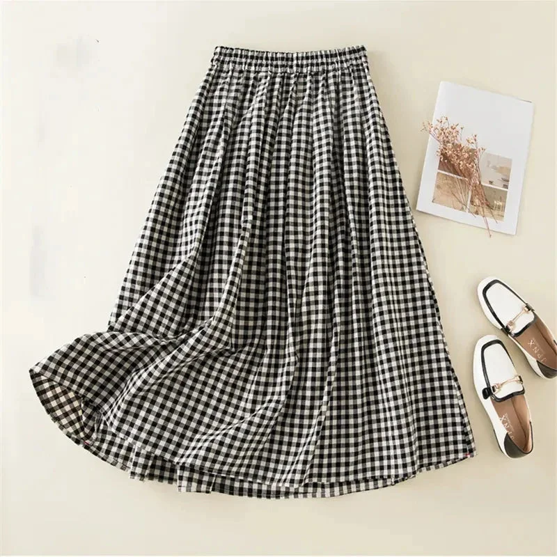 Znbbw Midi Skirts Women Harajuku High Waist Cotton Linen A Line Skirt Korean Japanese Vintage Streetwear Loose Casual Skirts New