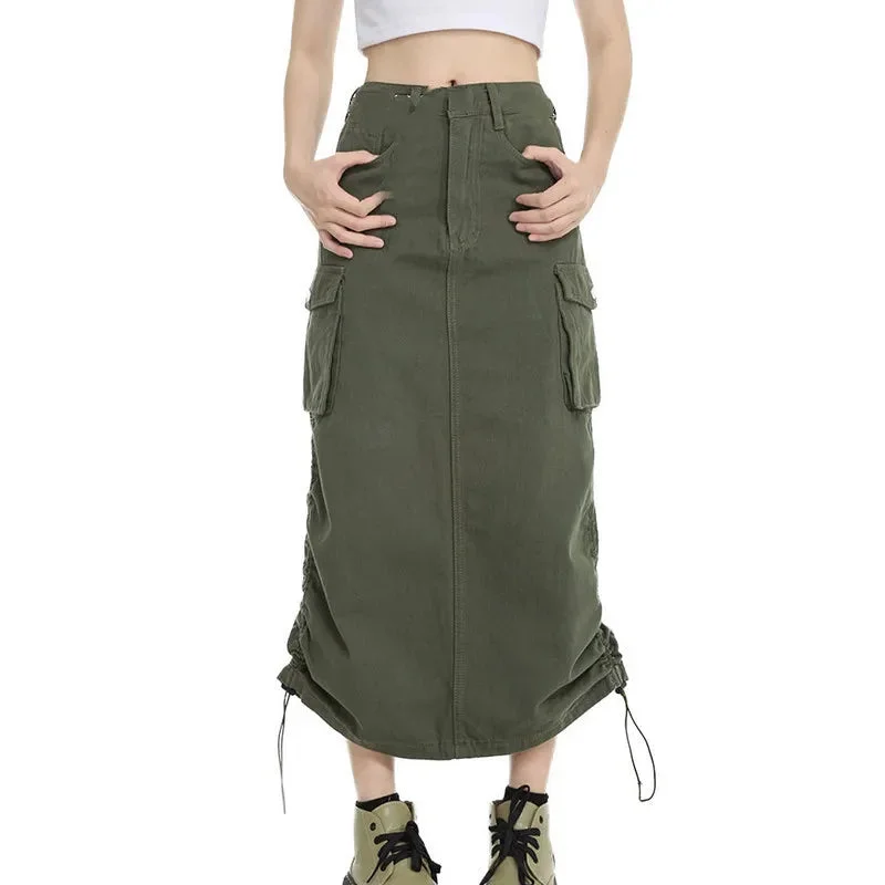 Znbbw Women Cargo Skirt Summer Clothes 2023 Retro Drawstring Half Dress Long Side Pockets Solid Color Skirt y2k Streetwear