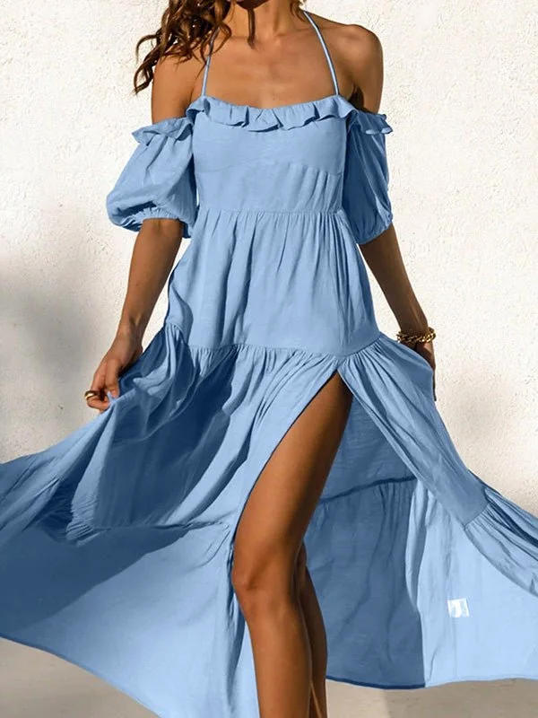 Dresses Halter One Shoulder Short Sleeve Slit Dress for Women