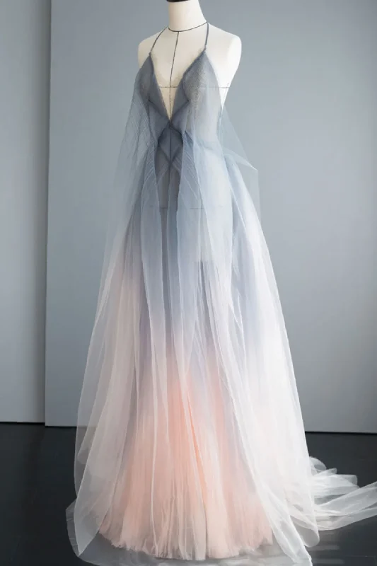 GRAY TULLE LONG PROM DRESS GRAY TULLE FORMAL DRESS,CE4583