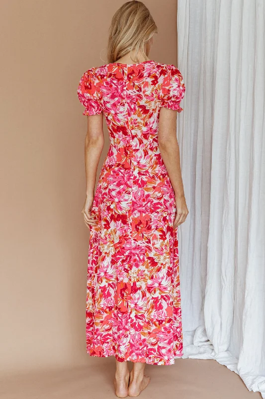 Montebello Puff Sleeve Maxi Dress Floral Pink/Orange