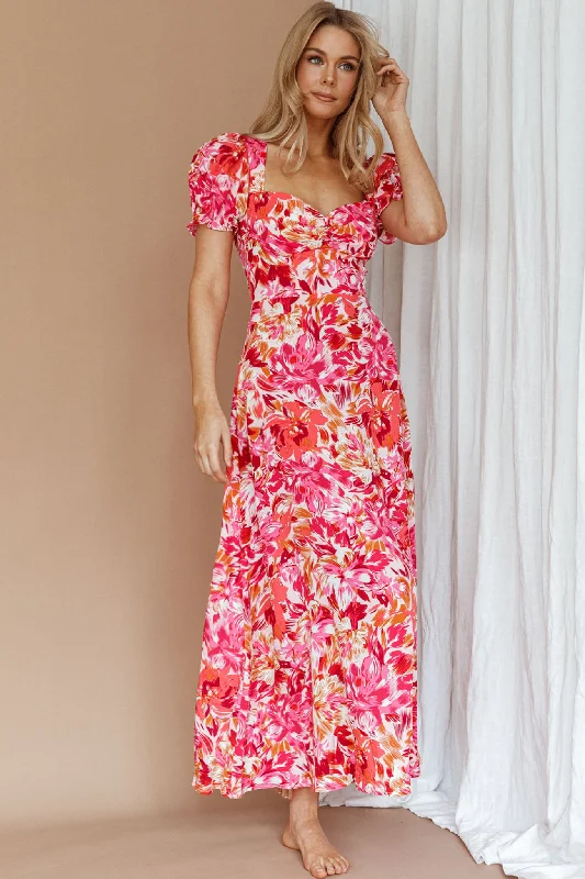 Montebello Puff Sleeve Maxi Dress Floral Pink/Orange