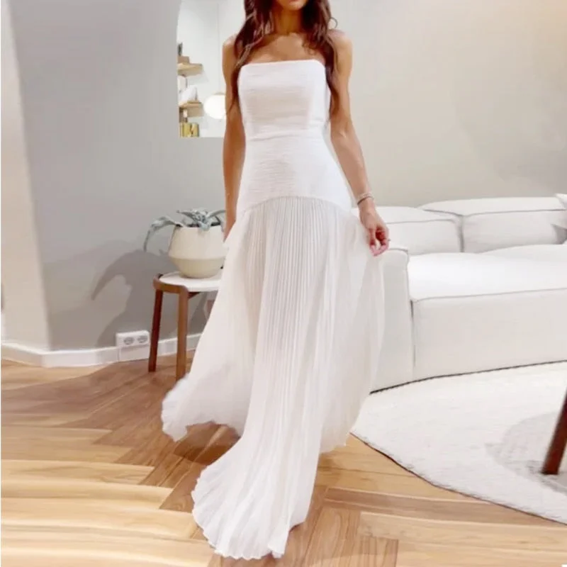 Strapless Sleeveless Pleated Maxi Dresses