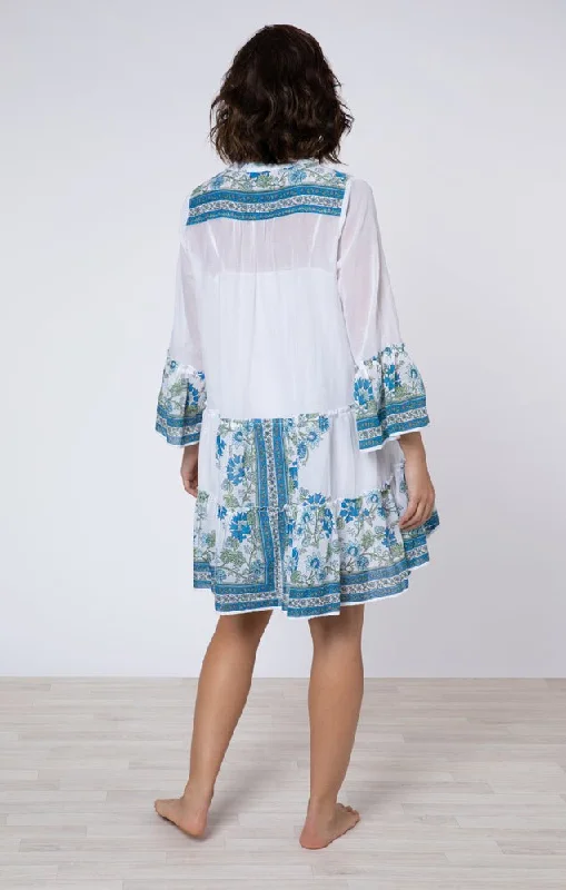 White / Blue / Aqua Flared Sleeve Dress w/ Rose Border Print