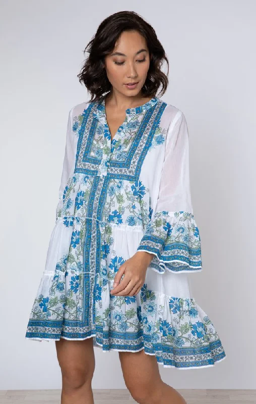 White / Blue / Aqua Flared Sleeve Dress w/ Rose Border Print