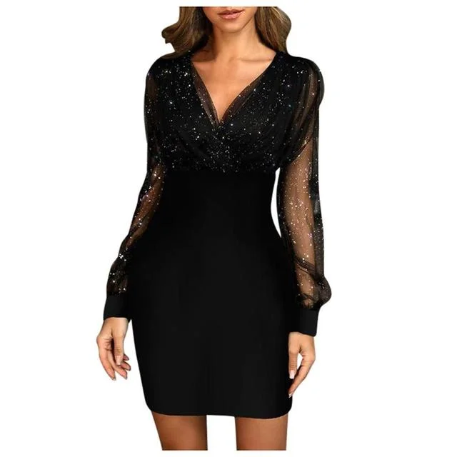 Elegant Sequins Dress Women Lace Mesh Patchwork Long Sleeve Mini Dress V-Neck Bodycon Party Dresses Office Lady Vestidos