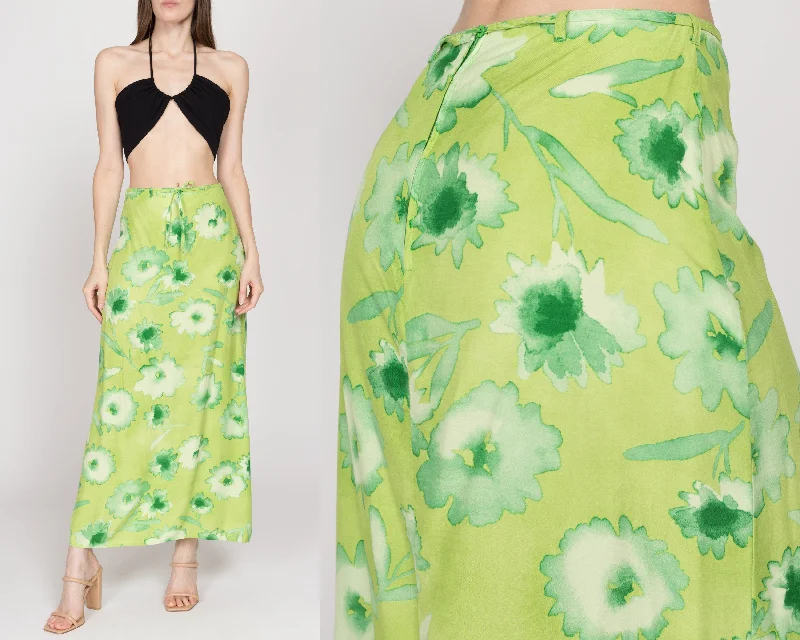 Small 90s Boho Lime Green Floral Rayon Maxi Skirt 26.5""