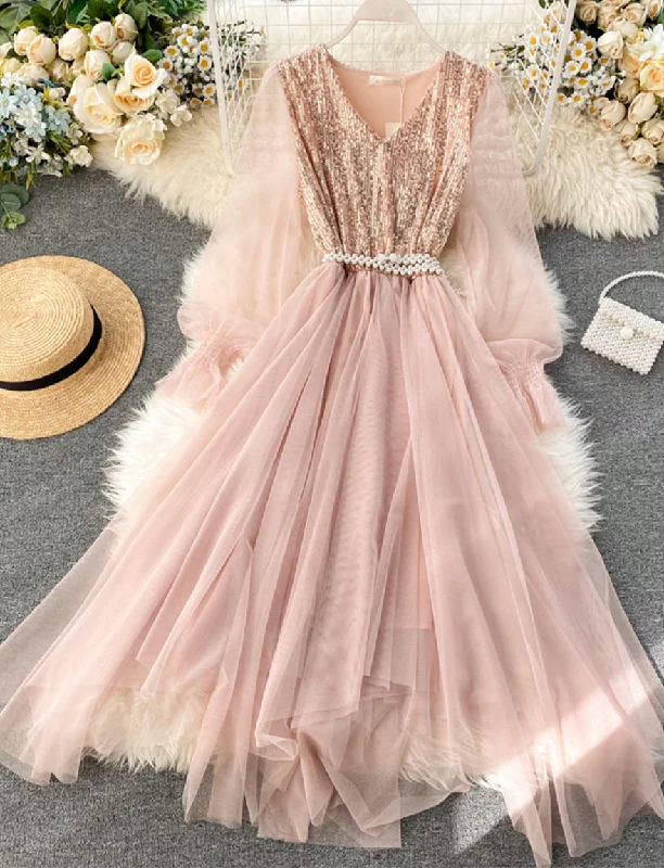 Cute v neck tulle sequins dress girl dress  1172