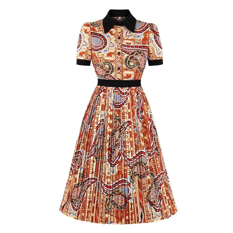 Turn Down Collar Button Up Multicolor Print Pleated Short Sleeve Christmas Elegant Party Dress Leather party dresses Turn Down Collar Button Up Multicolor Print Pleated Short Sleeve Christmas Elegant Party Dress Leather party dresses