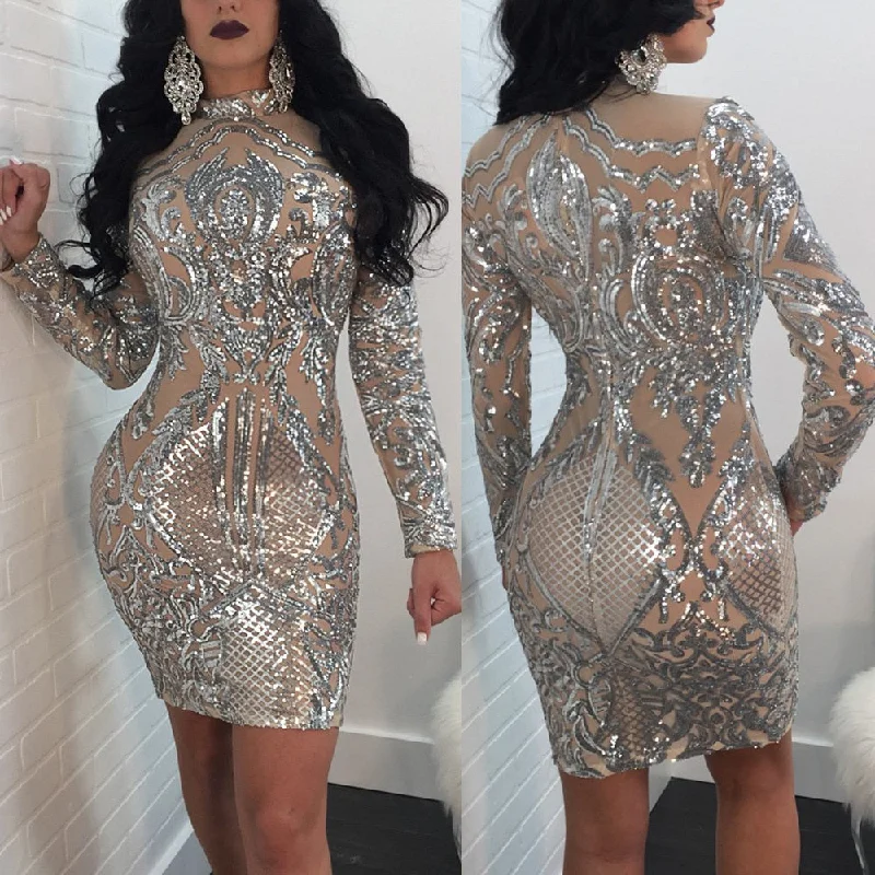 Women Sexy Party Bodycon Long Sleeve Sliver Sequin Evening Dress Fall party dresses